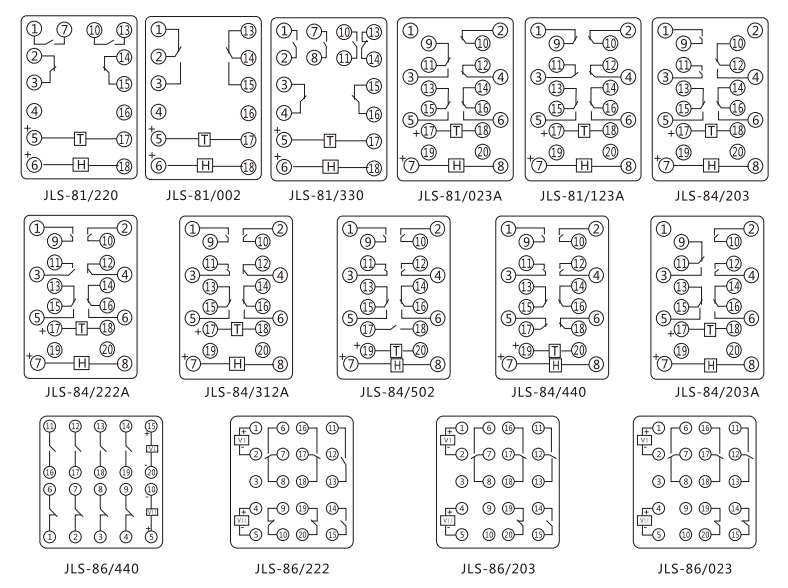 JLS-86/222靜態雙位置繼電器內部及外引接線圖(正視圖) JLS-86/222靜態雙位置繼電器內部及外引接線圖(正視圖)