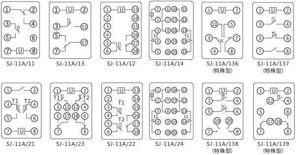 SJ-11A/12集成電路時(shí)間繼電器內(nèi)部接線圖及外引接線圖片 SJ-11A/12集成電路時(shí)間繼電器內(nèi)部接線圖及外引接線圖片