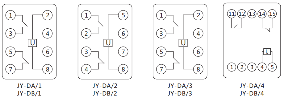 JY-DB/2集成電路直流電壓繼電器內部接線圖及外引接線圖(正視圖) JY-DB/2集成電路直流電壓繼電器內部接線圖及外引接線圖(正視圖)