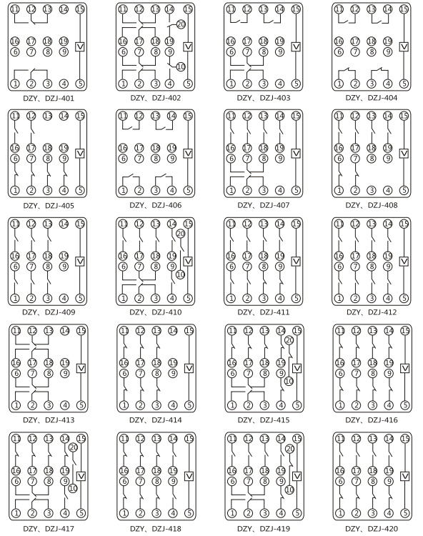 DZY(J)-410導軌式中間繼電器內部端子外引接線圖(正視) DZY(J)-410導軌式中間繼電器內部端子外引接線圖(正視)