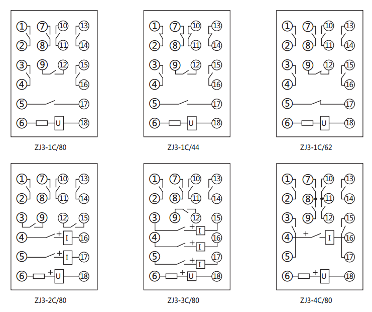 ZJ3-1C/80快速中間繼電器內部接線圖及外引接線圖(正視圖) ZJ3-1C/80快速中間繼電器內部接線圖及外引接線圖(正視圖)